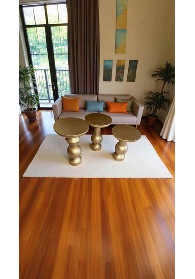 Altın Varaklı Doğal Ahşap Mantar Sehpa Seti 3'lü El Yapımı Yan Sehpa Takımı - Wooden Coffee Table Altın