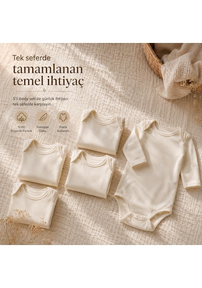 Yenidoğan Bebek Body 5 Li Set, Unisex Ekru Organik Pamuk 0-3 Ay Body Çok Renkli