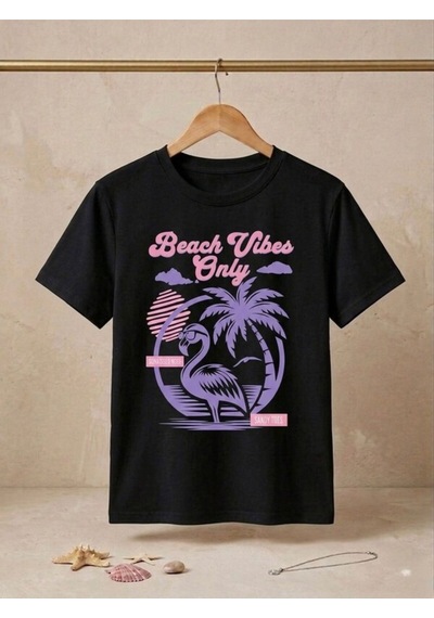 Flamingo Baskılı Oversize Kompak T-shirt Siyah