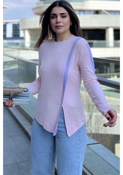 WeShaya Kadın Pembe Yuvarlak Yaka, Uzun Kol, Şerit Detaylı, Yırtmaçlı Rahat Bluz Pembe