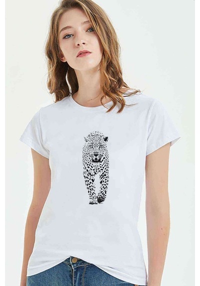 Leopar Jaguar Hayvan Baskılı Beyaz Kadın Tshirt
