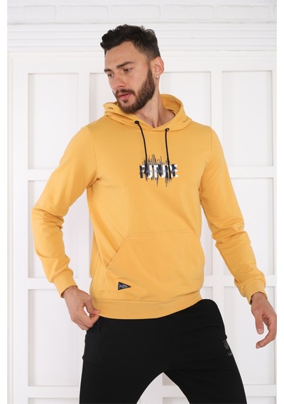 Escetic Spor Erkek Hardal Cepli, Kapüşonlu Sweatshirt-4169 Hardal