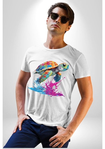 Renkli Kaplumbağa Karetta Kareta Unisex Unisex Beyaz Organik Baskılı T-shirt Penye Yüksek Kalite Beyaz