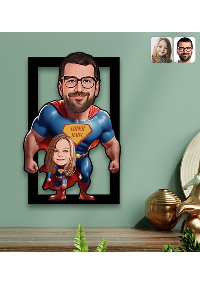 Bk Gift Kişiye Özel Süper Baba-çocuk Karikatürlü 3d Ahşap Tablo-2, Babalar Günü Hediyesi, Babaya Hediye Kobitmeyencom31594 Bk