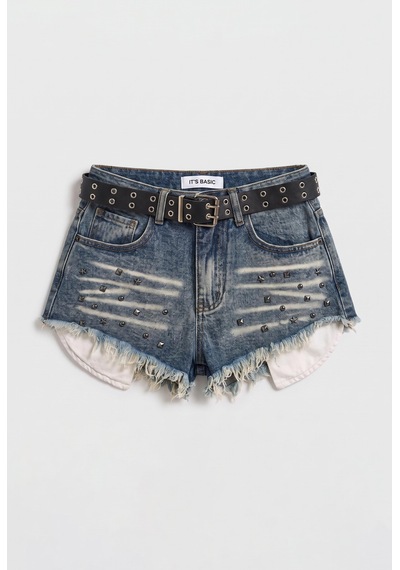 Kadın Kot Rengi Droplu Kemerli Özel Tasarım Denim Şort Çok Renkli