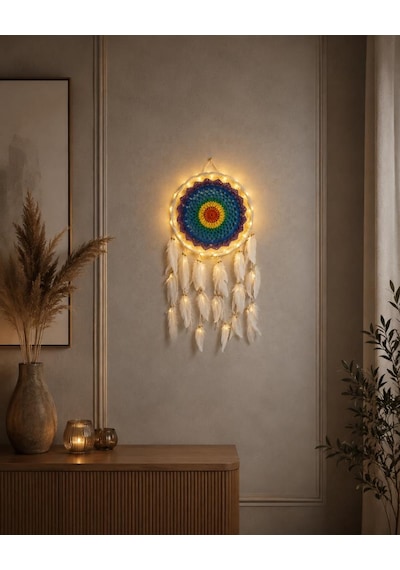 Led Işıklı Dream Catcher Düş Kapanı El Yapımı Bohem Duvar Süsü Renkli Mandala Dekor 22 Cm
