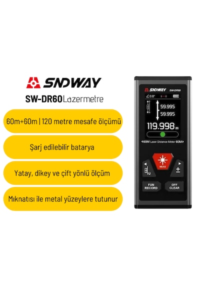 Sndway Sw-dr60 Çift Yön Lazerli Lazermetre 60m+60m Dikey Ve Yatay Ölçüm