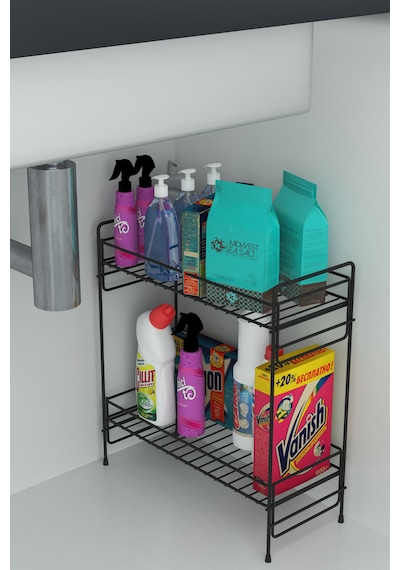 2 Katlı Evye Tezgah Altı Raf Banyo Mutfak Dolabı Çok Amaçlı Düzenleyici Deterjanlık Organizer 35x15 Siyah