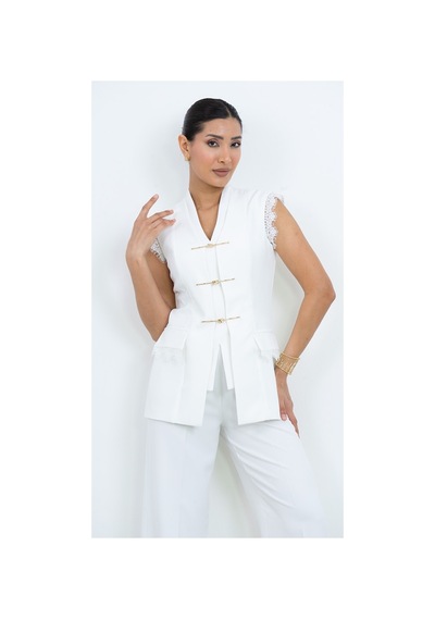 Dorne Moda Özel Seri Kruvaze Aksesuarlı Dantelli Abiye Pantolon Yelek Takım - Düğün - Mezuniyet - Ofis Şıklığı Beyaz Beyaz