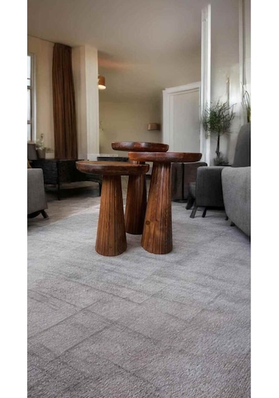 Ahşap Mantar Sehpa 3 Lü Set Meşe Renk Masif Doğal Fiskos Sehpa Ve Zigon Takımı - Wooden Side Table Meşe