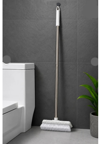 360 Derece Döner Başlıklı Sert Kıllı Zemin Fırçası Çekçekli Halı Fayans Banyo Temizleme Beyaz