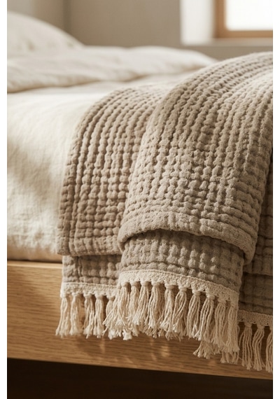 Natura Soft Ekru 4 Kat Müslin Çift Kişilik Yatak Örtüsü 220x230 Cm %100 Pamuk Çok Amaçlı Koltuk Örtüsü Ve Tv Battaniyesi Bej