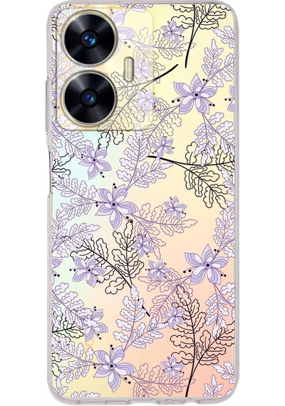Realme C55 Uyumlu Kamera Korumalı Floral Lila Tasarımlı Şeffaf Silikon Kılıf