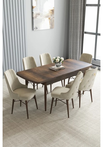 Zümra Serisi, Barok Ahşap Desen 80x132 Açılabilir Mdf Mutfak Masası Takımı 6 Adet Sandalye, Krem