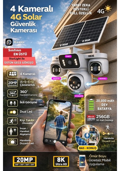 4 Kamera 360 Görüş 20mp 4g Güneş Enerjili Sim Kartlı Güvenlik Kamerası - Otomatik Kişi Takibi