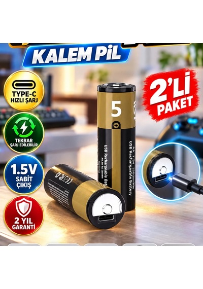 Aa Usb Şarjlı Lityum Pil 1.5v Sabit Çıkış Type-c Hızlı Şarj 2 Li Paket