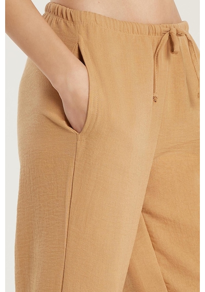 Tudors Kadın Regular Fit Beli Bağlamalı Keten Geniş Paça Bej Pantolon-33416 Bej