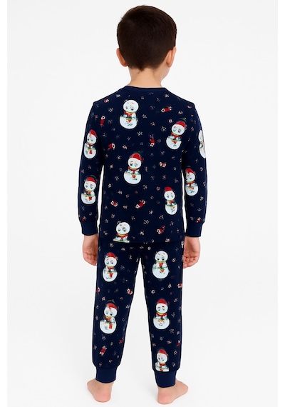 Zuzunga Unisex Yılbaşı Kardan Adam Desenli Çocuk Pijama Takımı Lacivert