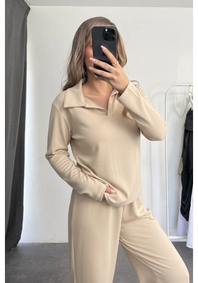 Balenbi Kadın Modal Kumaş Polo Yaka Uzun Kollu Takım 1126 Bej