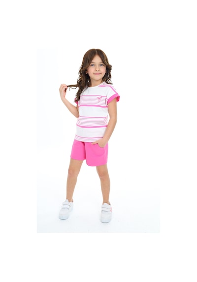 Toontoy Kids Toontoy Kız Çocuk Çizgili Kalp Nakışlı Şortlu Takım Fuşya