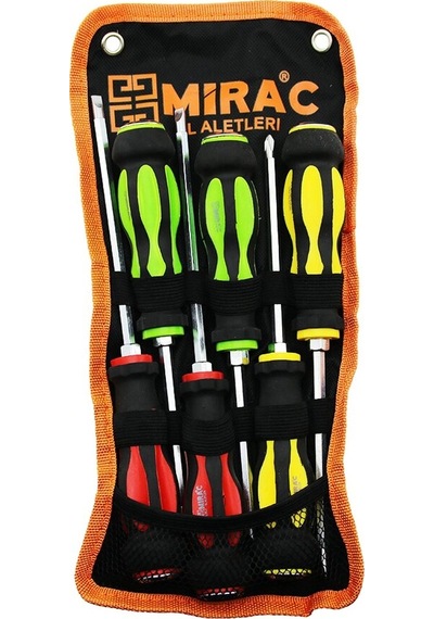 Bez Çantalı Renkli - Kauçuk Kaplama Saplı Darbeli 6lı Set Çift Taraflı Tornavida Takımı 55