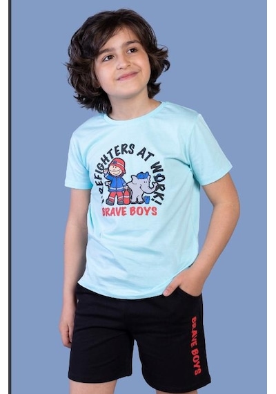 Toontoy Kids Toontoy Erkek Çocuk İtfaiye Adam Baskılı Şortlu Takım Su Yeşili