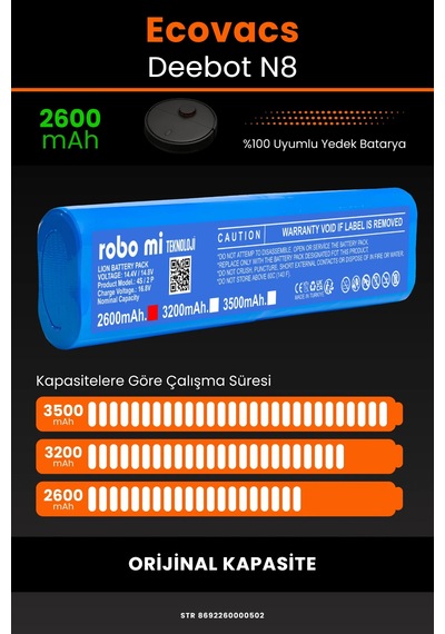 Ecovacs Deebot N8 Uyumlu 2600mah Robot Süpürge Bataryası - Kapasite