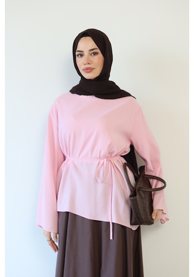 Moonsc Kadın Asimetrik Kesim Bel Bağlamalı Modal Tesettür Tunik Pembe