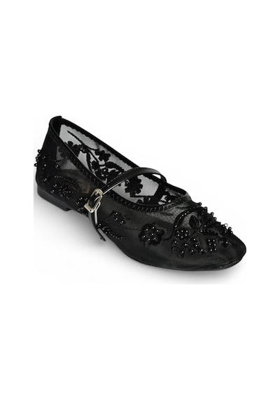 Fox Shoes Y726330115 Siyah İnci Detaylı File Kadın Babet