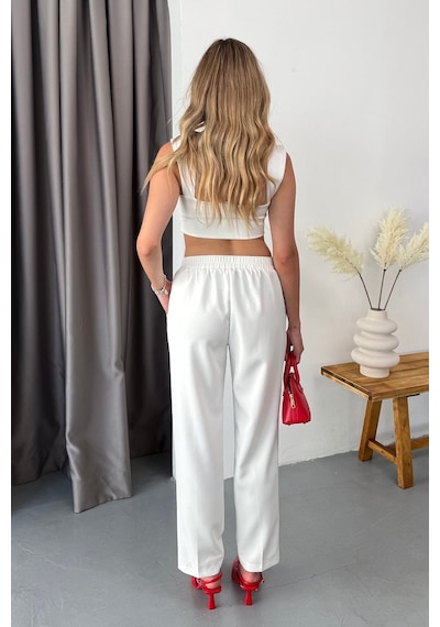 Giysa Kadın Beli Lastikli Çift Cepli Havuç Kesim Pantolon Beyaz - 3229