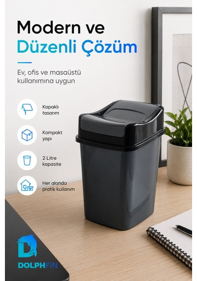 Girdap Kapaklı Çöp Kovası 2 Litre Siyah Kompakt Masaüstü Banyo Ofis Çöp Kutusu