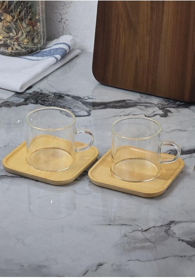 6lı Kahve Fincan Takımı - Bambu Tabaklı Kahve Fincan Seti - 12 Parça - 100 Ml Şeffaf