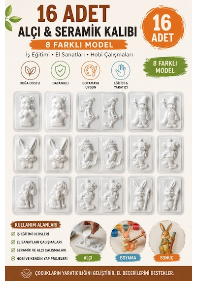 16 Adet Alçı Kalıbı , 8 Farklı Model Seramik Kalıbı , Iş Eğitimi, El Sanatları