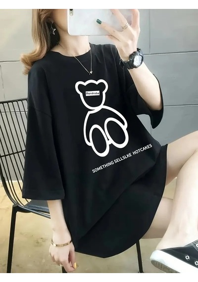 Kadın Tişört Penye Compack Baskılı Oversize Bisiklet Yaka T-shirt - Siyah