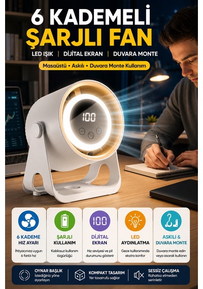6 Kademeli Şarjlı Masaüstü Fan Dijital Ekranlı Led Işıklı Duvara Monte Askılı Mini Fan K6 Model