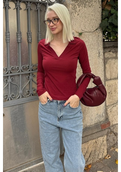 Madmext Bordo Polo Yaka Fitilli Kadın Body Mg2566 Bordo