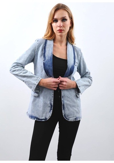 Kadın Uzun Kollu Tek Düğmeli Jean Ceket Buz Mavi 001