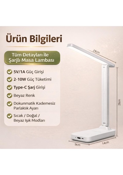 Coofbe Ayarlanabilir 3 Renkli Işık Şarjlı Masa Lambası Dokunmatik Katlanabilir Şarjlı Masa Lambası Beyaz