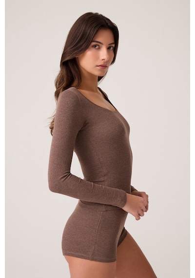 Los Ojos X Ece Kahverengi Modal Kumaşlı Uzun Kollu Şortlu Pijama Takımı Ribbed Pj Kahverengi Kahverengi