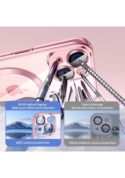 Apple Uyumlu iPhone 17 İçin Magsafe İle Kılıf Kamera Lensli Korumalı Şeffaf Silikon Kapak Rose Gold
