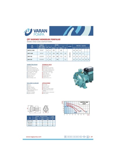 Varan 2hcp 160b Çift Kademeli Pik Döküm Santrifüj Pompa 2 Hp / 1.5 Kw, Trifaze 380 V, 48 Mss, 9 M3/h
