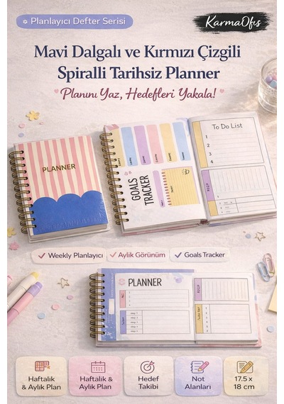 Mavi Dalgalı Kırmızı Çizgili Spiralli Tarihsiz Planner Haftalık&aylık Planlayıcı 17,5 X 18 Cm Diğer