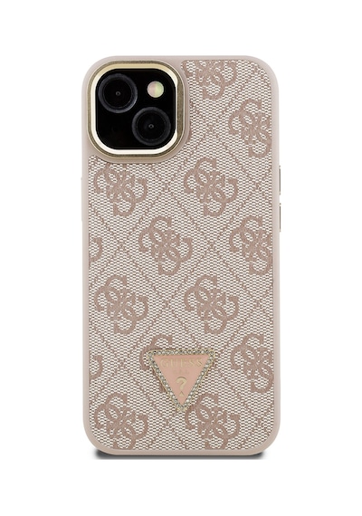 Apple iPhone 15 Uyumlu Kılıf Guess Lisanslı Pu Deri Taşlı Üçgen Logo 4g Desenli Kamera Standlı Kapak Pembe