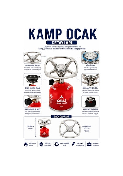 Kamp Ocağı Ve Gaz Kartuşu Seti Ayarlanabilir Alevli Portatif Ocak 230 Gr Gri-kırmızı