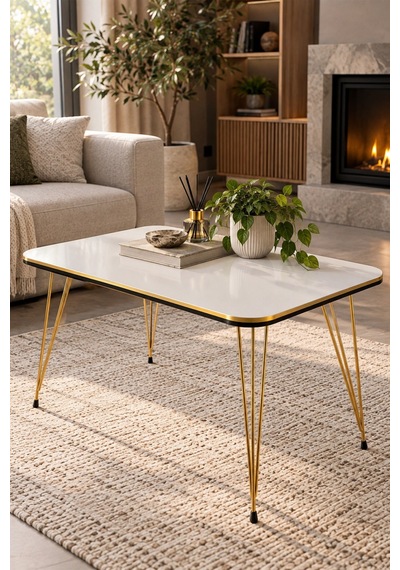 Sulorahome Gold Beyaz Orta Sehpa Tel Ayaklı Model Altın - Beyaz
