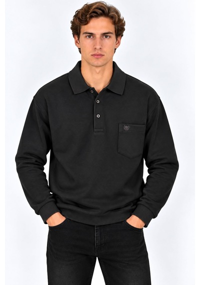 Classics Men Simenti Büyük Beden Erkek Polo Yaka Sweatshirt - 7810 Siyah