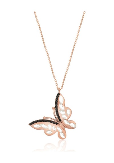 Papatya Silver 925 Ayar Rose Kaplama Siyah Taşlı Gümüş Kelebek Kolye