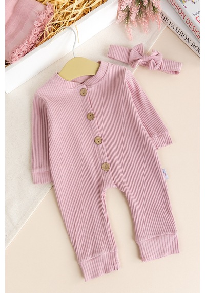 Babymod Fitilli Düğme İliklemeli Saç Bandlı Pamuklu Kız Bebek Tulum Set Pembe