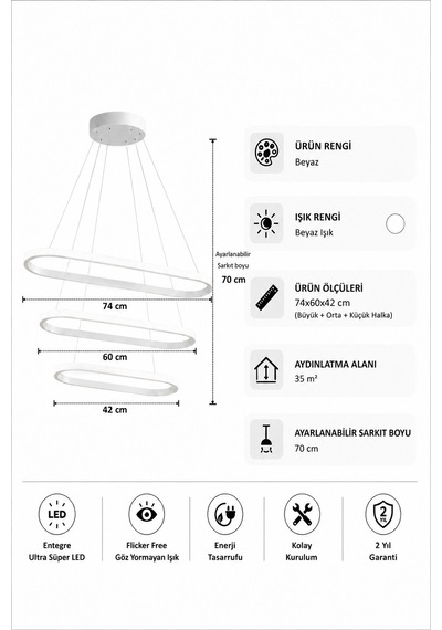 AvizeGO Elipso 3'lü Led Sarkıt Avize Beyaz Işık