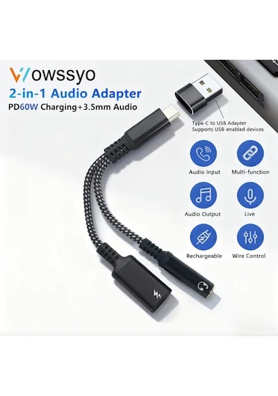 Wowssyo 2'si 1 Arada Type-c To 3.5mm+60w Hızlı Şarj Ve Kulaklık Çevirici+usb Dönüştürücü Hi-fi Ses Ce Lisanslı Sertifikalı Hasır Örgülü Sağlam Kablo 1 Adet Wowssyo 2'si 1 Arada Type-c To 3.5mm+60w Hızlı Şarj Ve Kulaklık Çevirici+usb Dönüştürücü Hi-fi Ses Ce Lisanslı Sertifikalı Hasır Örgülü Sağlam Kablo 1 Adet